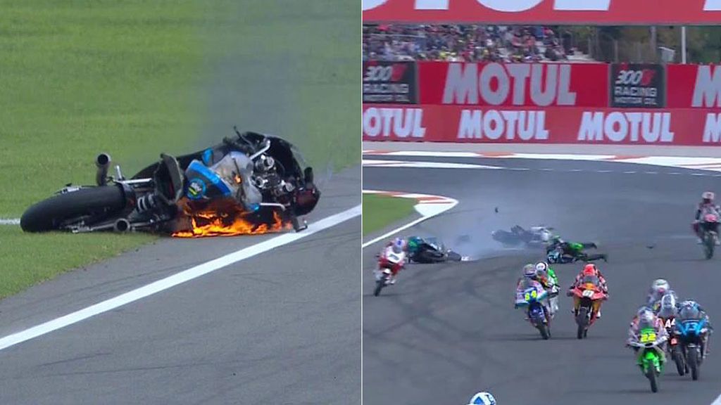 Caída múltiple en Moto3: la moto de Tatay cruza la pista sin control y hace volar por los aires a Foggia