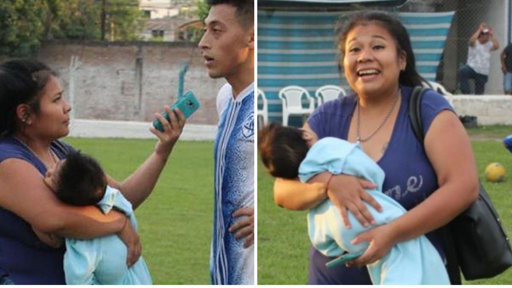 Una periodista argentina realiza las entrevistas a los jugadores con su hijo en brazos al no poderlo dejar con nadie Una periodista argentina realiza las entrevistas a los jugadores con su hijo en brazos al no poderlo dejar con nadie