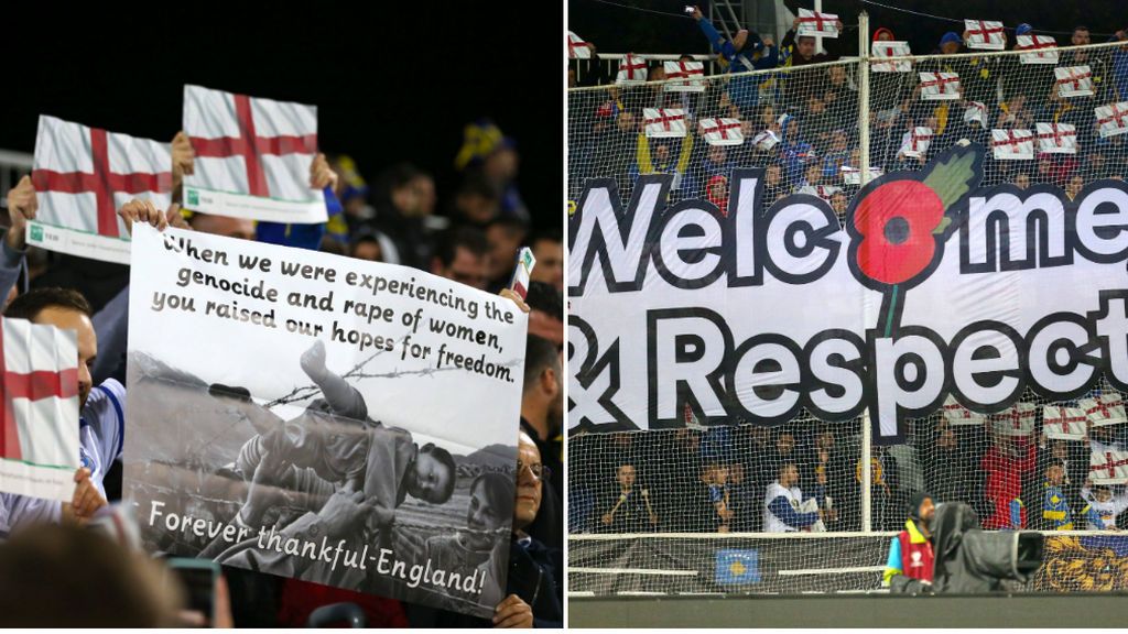Los aficionados de Kosovo dan las gracias a Inglaterra con un tifo: "Nos llevasteis hasta la libertad en una época de genocidio" Los aficionados de Kosovo dan las gracias a Inglaterra con un tifo: "Nos llevasteis hasta la libertad en una época de genocidio"