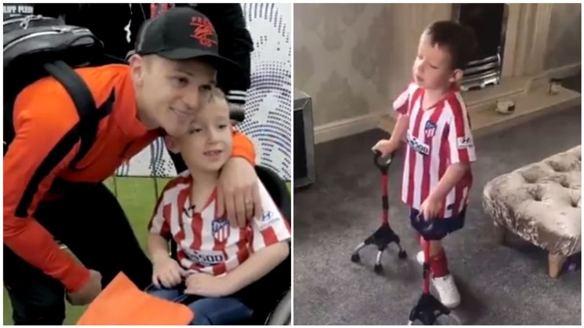 Harry, el niño inglés de 8 años con espina bífida que realiza las sesiones de rehabilitación con la camiseta del Atlético de Madrid