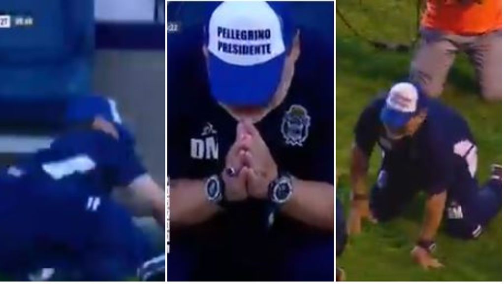 La tarde más surrealista de Maradona: se cae lamentando un fallo, se pone a rezar, llora y acaba a cuatro patas en el césped La tarde más surrealista de Maradona: se cae lamentando un fallo, se pone a rezar, llora y acaba a cuatro patas en el césped