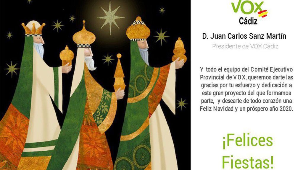 VOX sustituye a Baltasar por un rey blanco en su felicitación navideña VOX sustituye a Baltasar por un rey blanco en su felicitación navideña