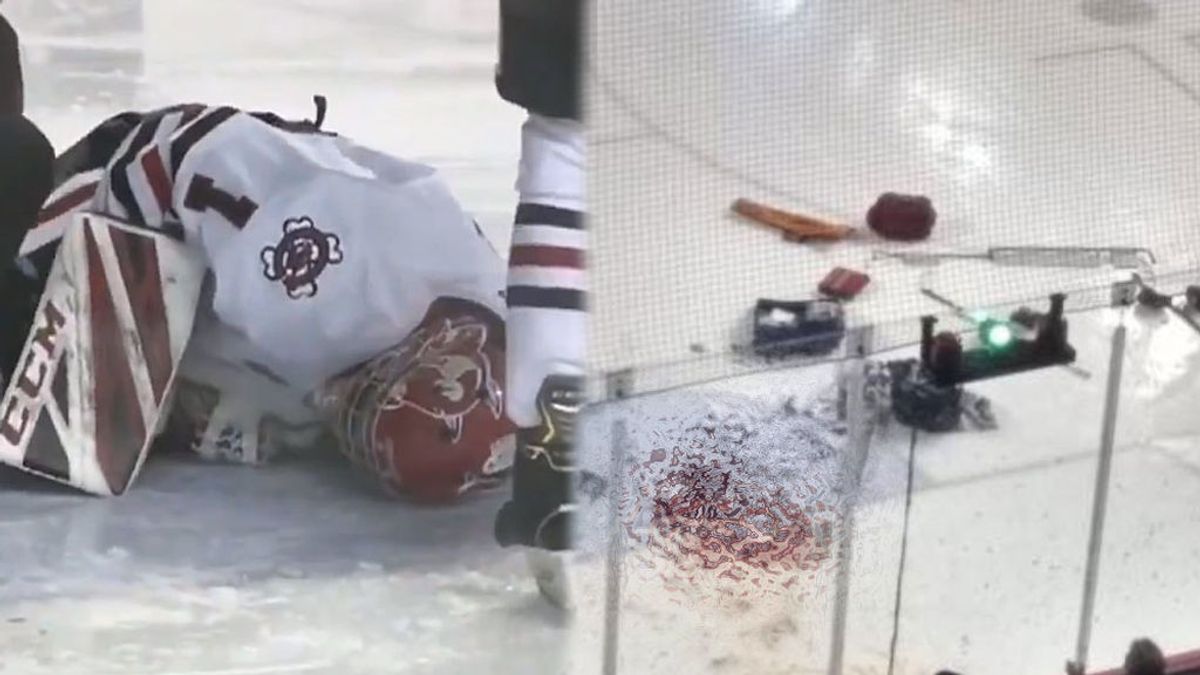 Un jugador de hockey sobre hielo sufre un corte en la pierna y ante la gravedad de la lesión, cancelan el partido Un jugador de hockey sobre hielo sufre un corte en la pierna y ante la gravedad de la lesión, cancelan el partido