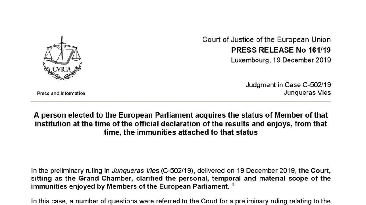 Las claves de la sentencia del Tribunal de Justicia Europeo que señala la inmunidad  de Junqueras