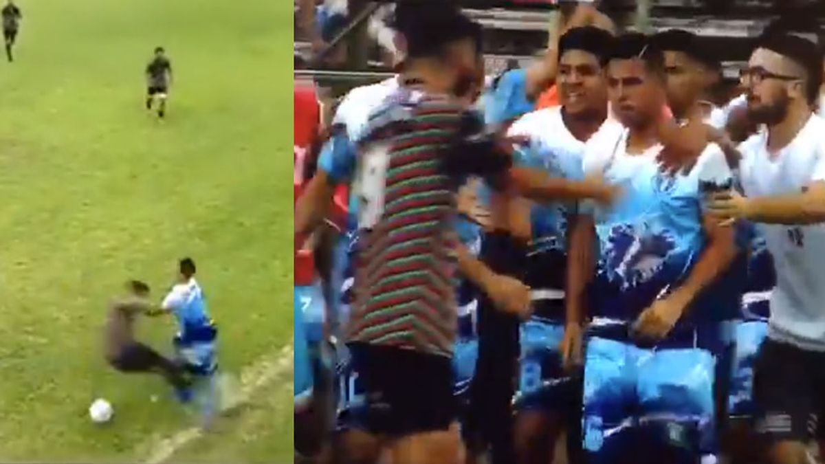 La patada a la rodilla con los dos pies por delante que terminó en pelea en el fútbol regional argentino