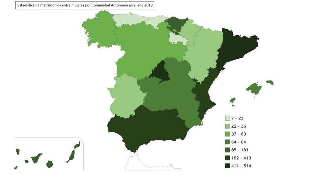 Mapa de matrimonios entre mujeres por Comunidades en el año 2018