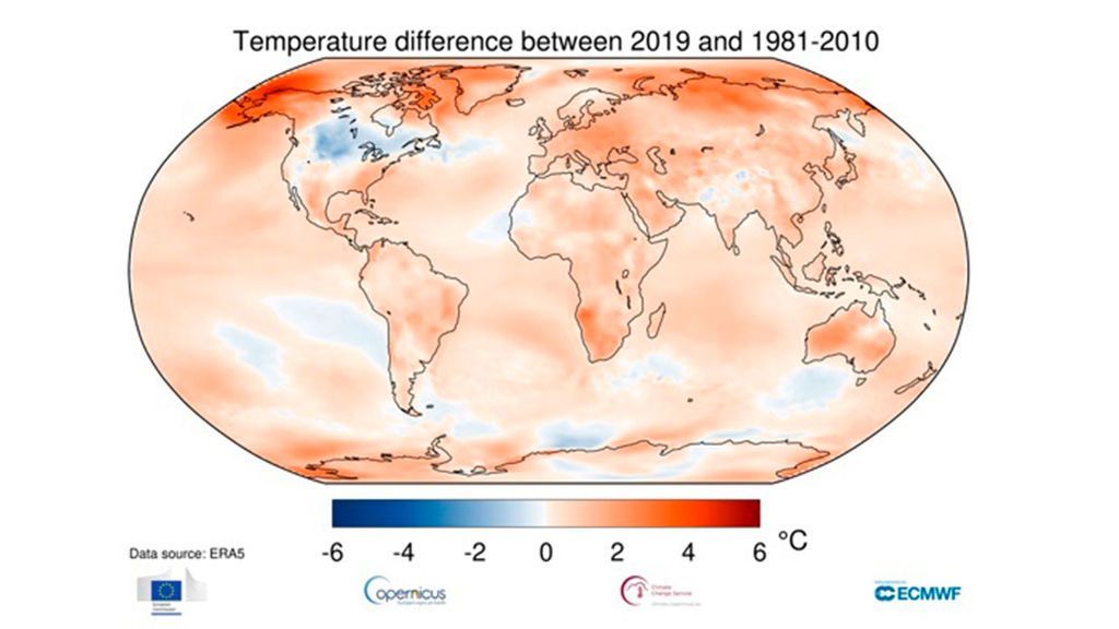 Temperatura del aire a una altura de dos metros para 2019, que se muestra en relación con su promedio de 1981-2010