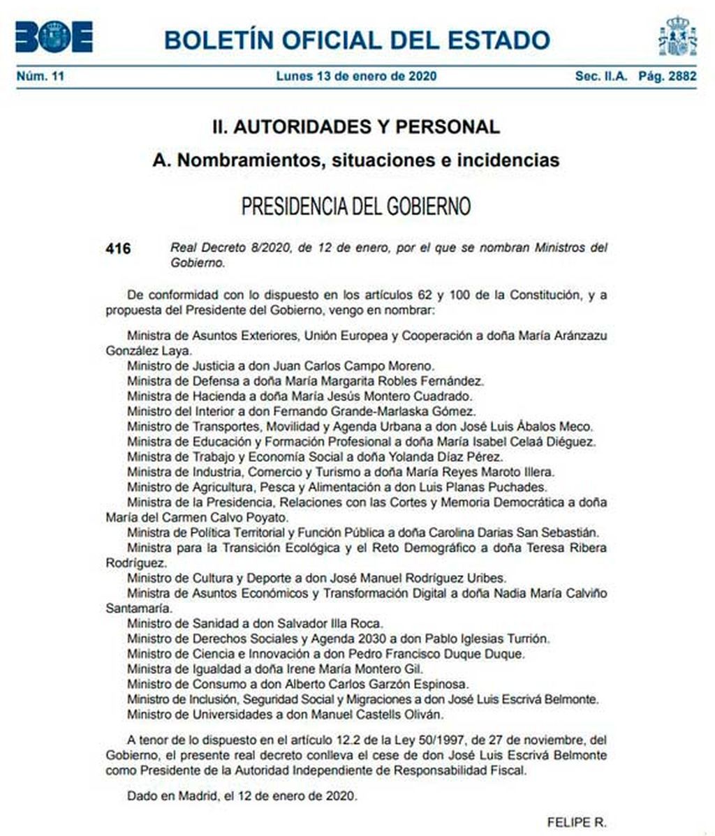 El BOE publica los nombramientos de los ministros del gobierno de coalición de Pedro Sánchez El BOE publica los nombramientos de los ministros del gobierno de coalición de Pedro Sánchez
