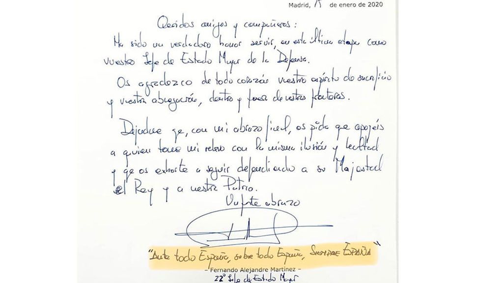 La carta con la que se despide el JEMAD: "Ante todo por España, sobre todo España, siempre España" La carta con la que se despide el JEMAD: "Ante todo por España, sobre todo España, siempre España"