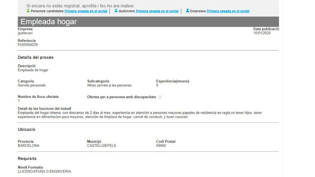 Pantallazo de la oferta discriminatoria publicada en el SOC