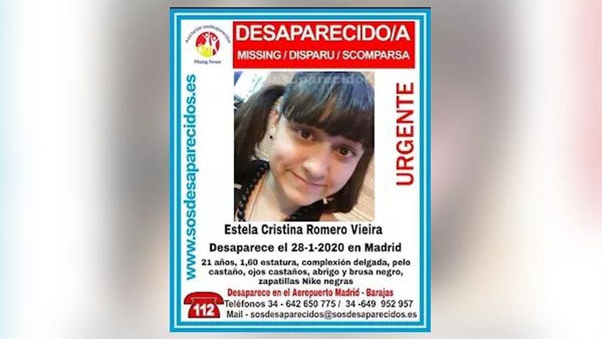 Buscan a Estela Cristina Romero Vieira de 21 años, desaparecida en Barajas, Madrid, el 28 de enero