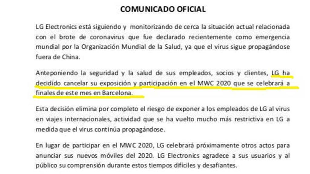 Comunicado oficial de LG suspendiendo su participación en el MWC