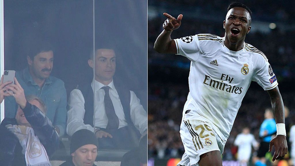 El madridismo de Cristiano Ronaldo celebrando el gol de Vinicius en el Clásico en el palco del Bernabéu: brazos al aire y aplausos El madridismo de Cristiano Ronaldo celebrando el gol de Vinicius en el Clásico en el palco del Bernabéu: brazos al aire y aplausos