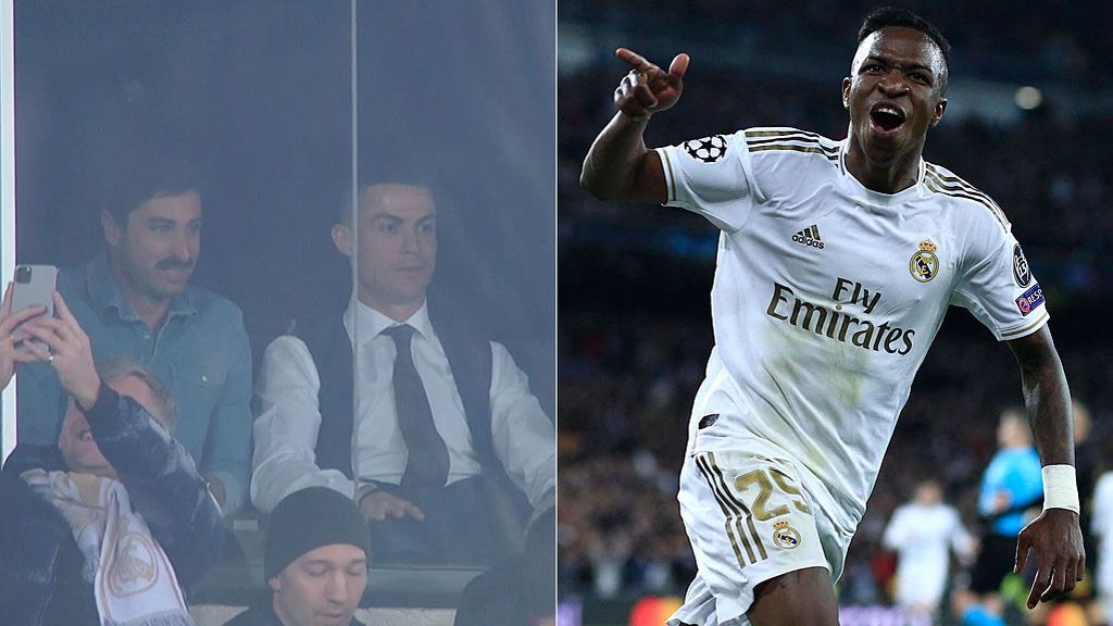 El madridismo de Cristiano Ronaldo celebrando el gol de Vinicius en el Clásico en el palco del Bernabéu: brazos al aire y aplausos