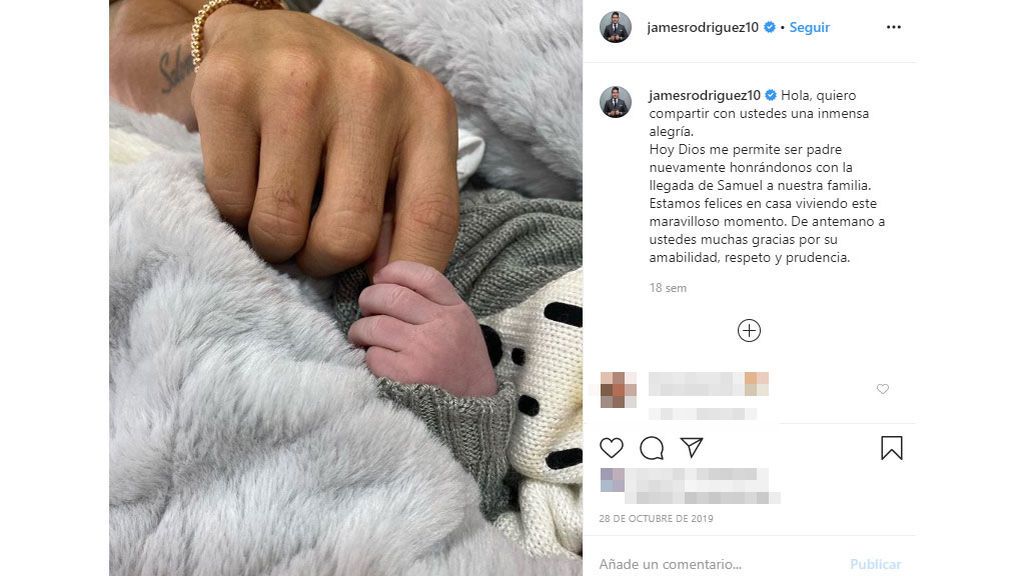 James dio la bienvenida a su hijo Samuel a finales del año pasado.