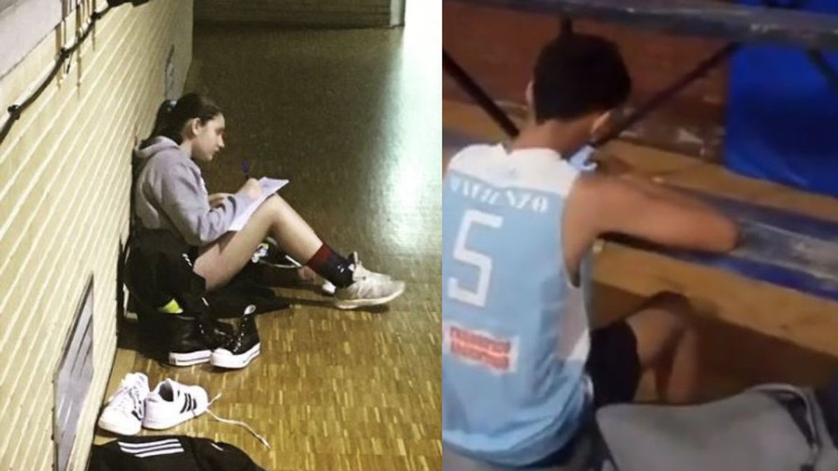Los estudios antes que el deporte: una jugadora de baloncesto aprovecha a hacer los deberes antes del entrenamiento Los estudios antes que el deporte: una jugadora de baloncesto aprovecha a hacer los deberes antes del entrenamiento