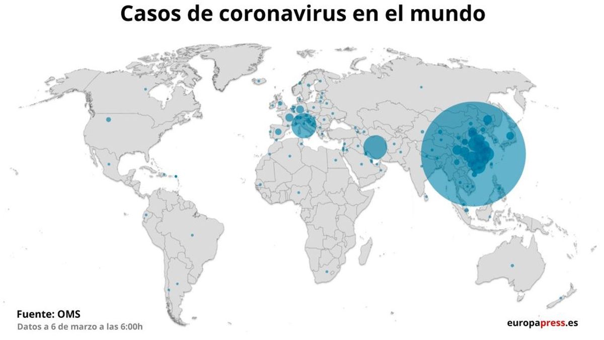 El mapa del coronavirus crece cada vez mas rápido, ya son 100 los países afectados según confirma la OMS