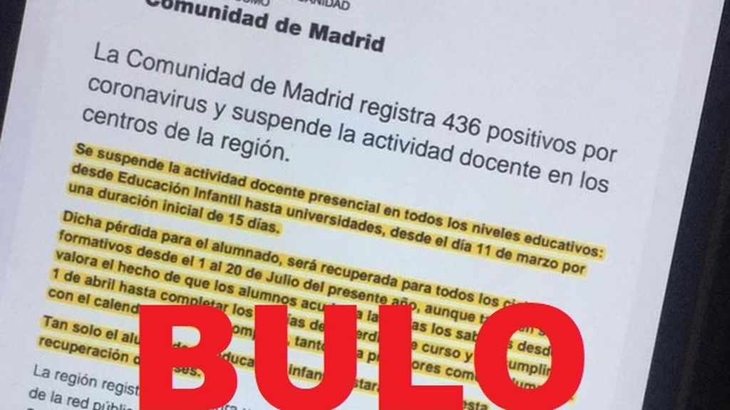 Bulo sobre el coronavirus en la Comunidad de Madrid