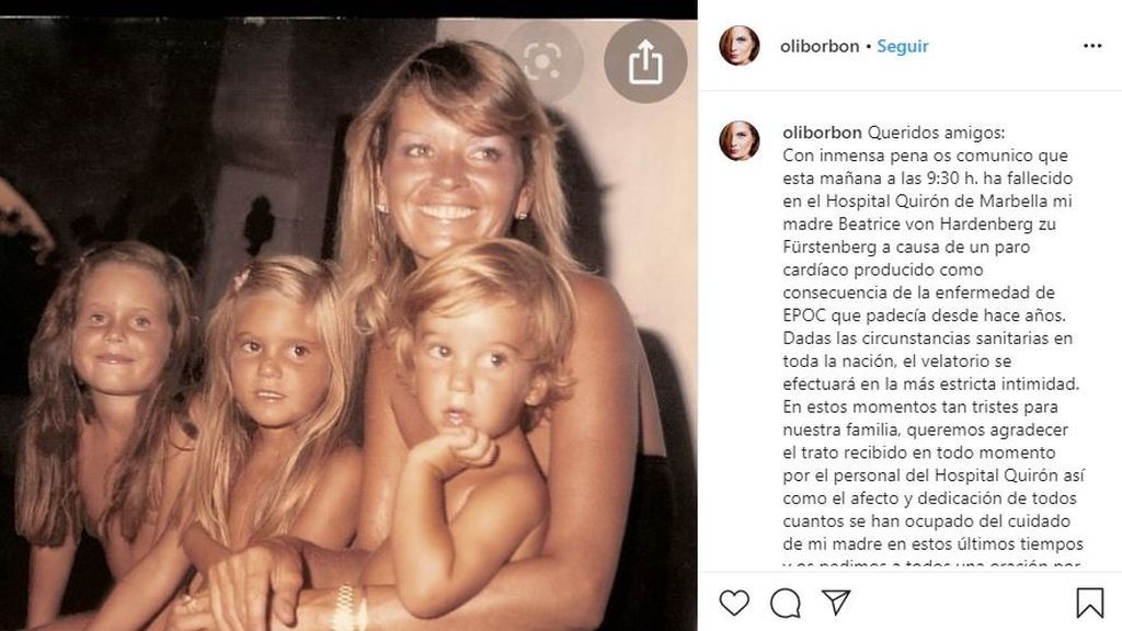 Olivia de Borbón anuncia la muerte de su madre