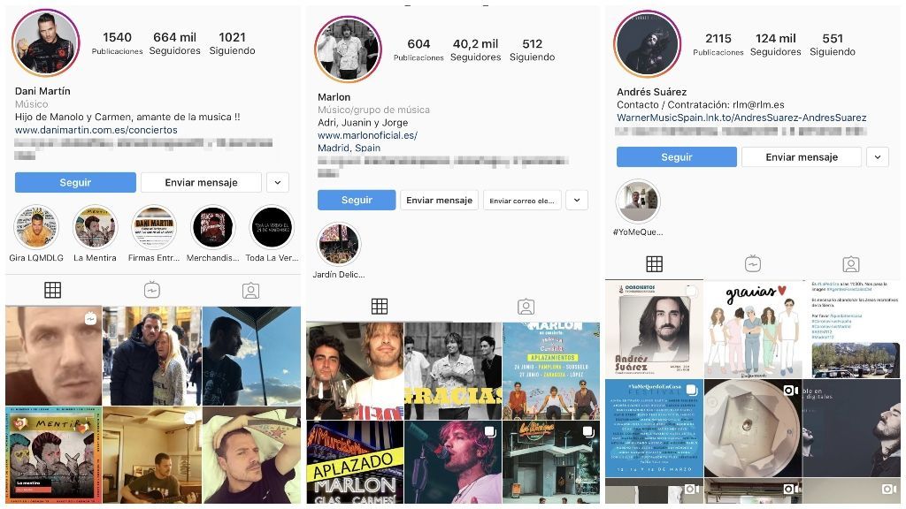 Los perfiles de Instagram de Dani Martín, Marlon y Andrés Suárez, desde donde dan sus conciertos.