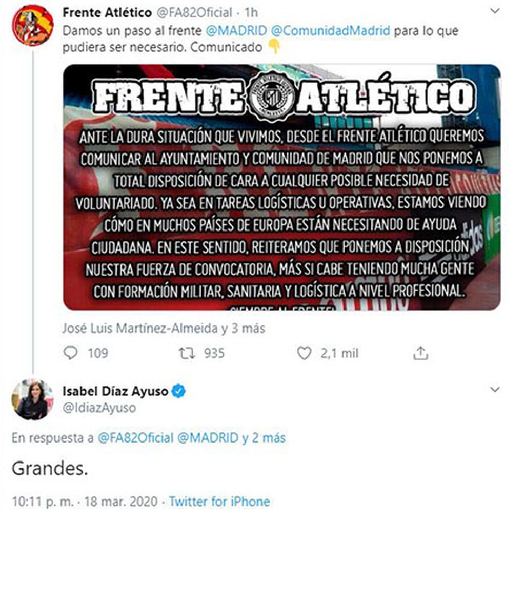 Ayuso agradece el ofrecimiento de Frente Atlético frente al coronavirus