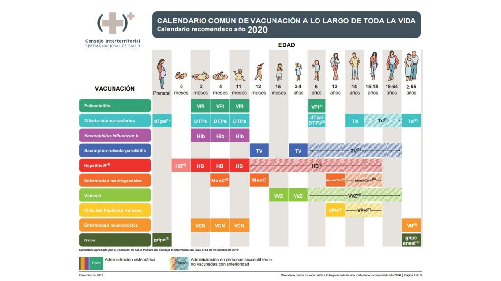 Calendario común de vacunación para toda la vida del CISNS 2020.