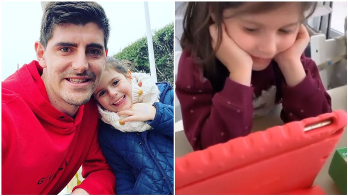 Courtois da clases de alemán a su hija por videollamada durante la cuarentena: “Está soleado”