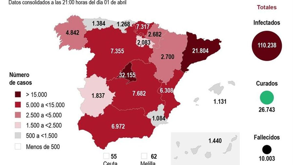 El mapa del coronavirus en España: 10.003 muertos aunque el pico de contagios pudo ser el 31 de marzo