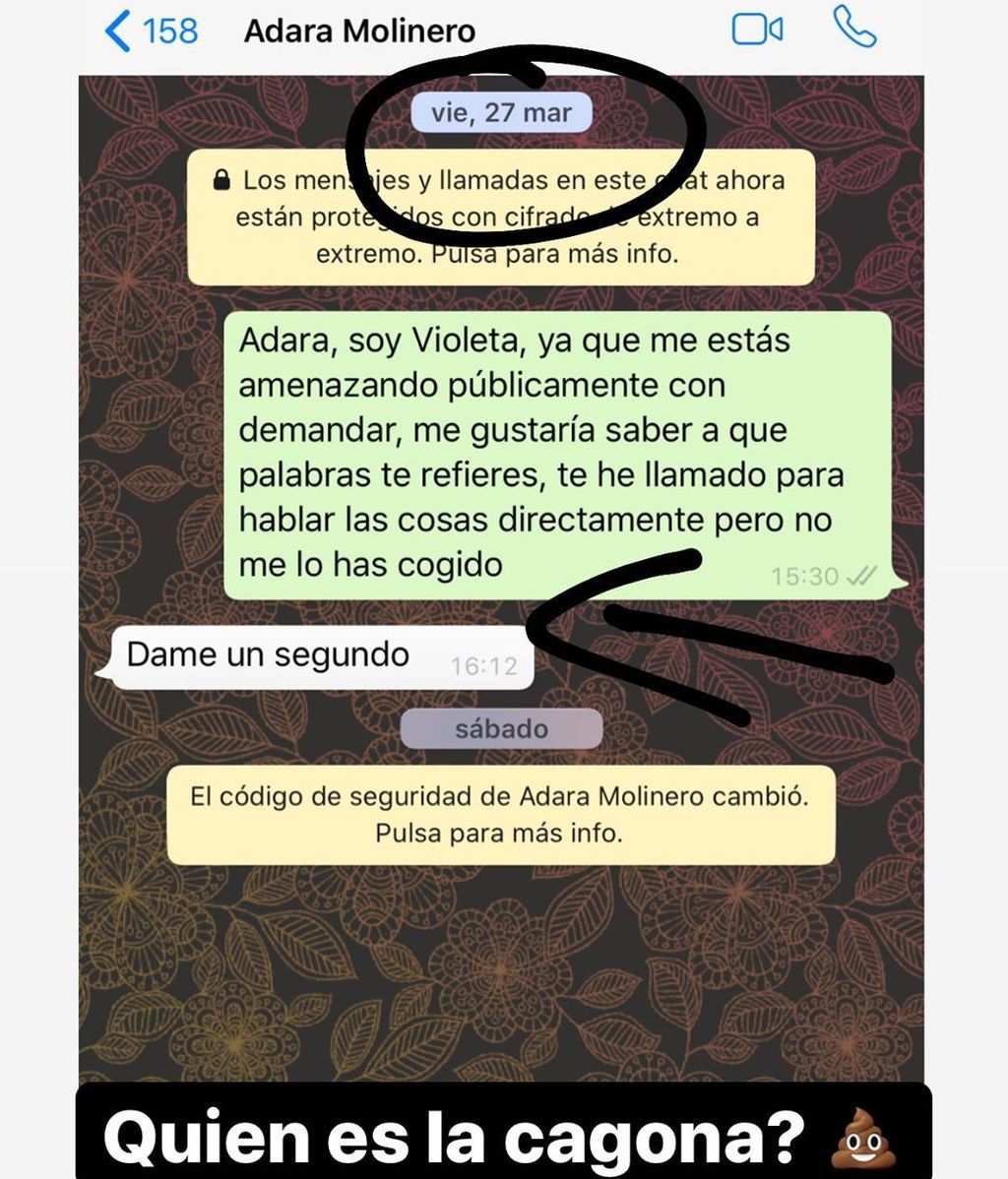 Violeta enseña el mensaje que Adara le envió a Fabio