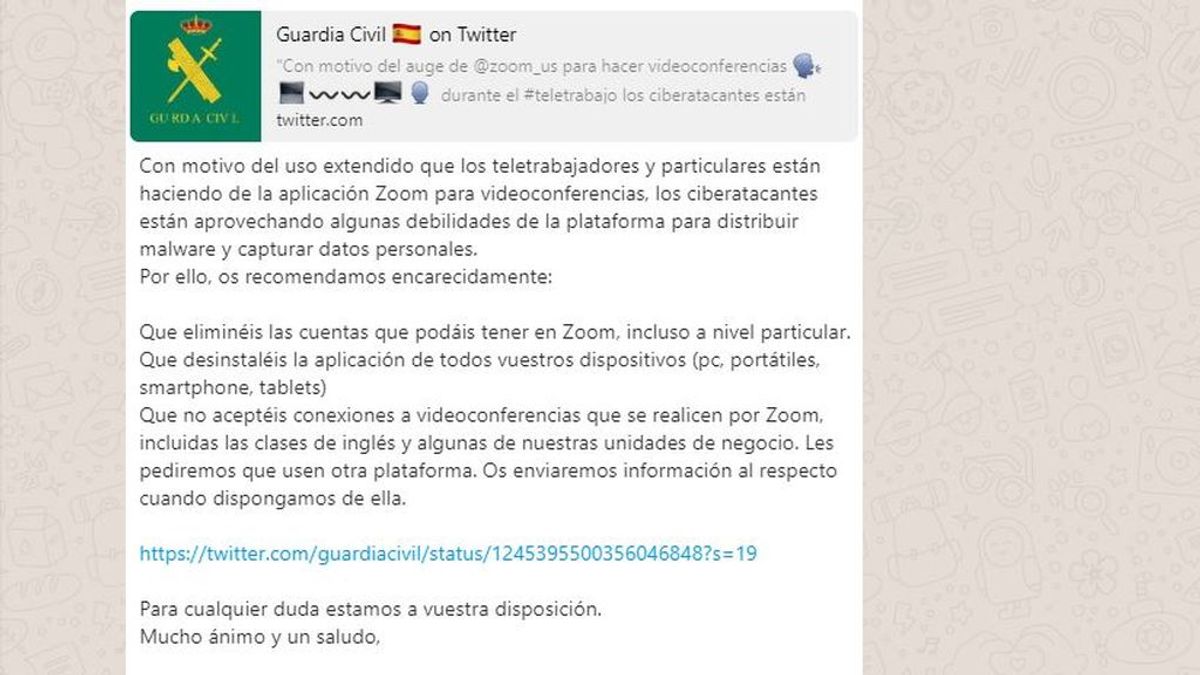 Guardia Civil aclara el bulo sobre desinstalar Zoom por ataques informáticos