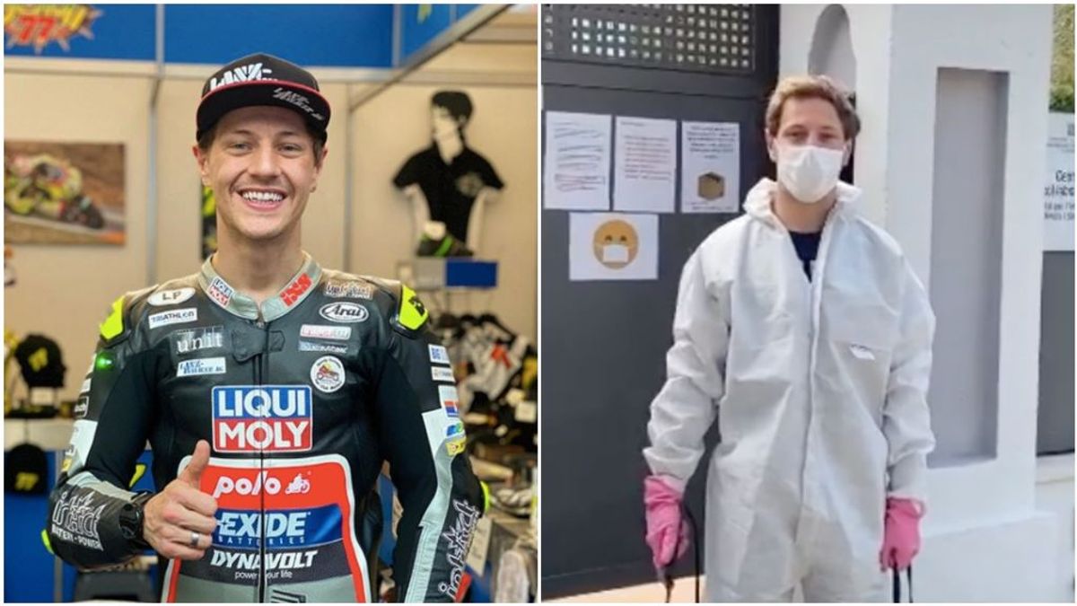 Aegerter, el piloto de MotoGP, ayuda desinfectando una residencia de ancianos en Barcelona: "Ahora me toca a mí" Aegerter, el piloto de MotoGP, ayuda desinfectando una residencia de ancianos en Barcelona: "Ahora me toca a mí"