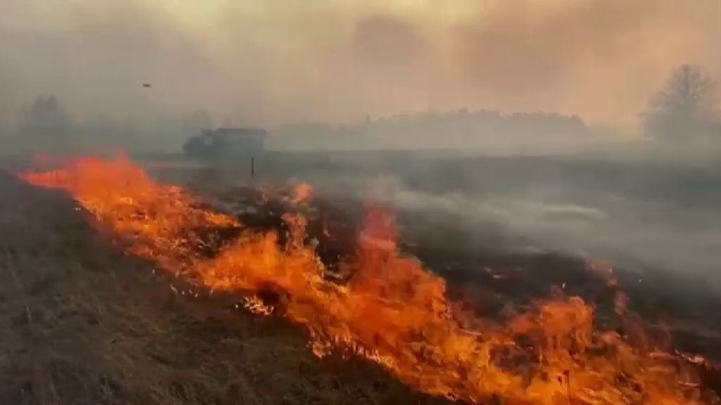 Los bomberos luchan en la extinción de un incendio en una zona restringida de Chernóbil