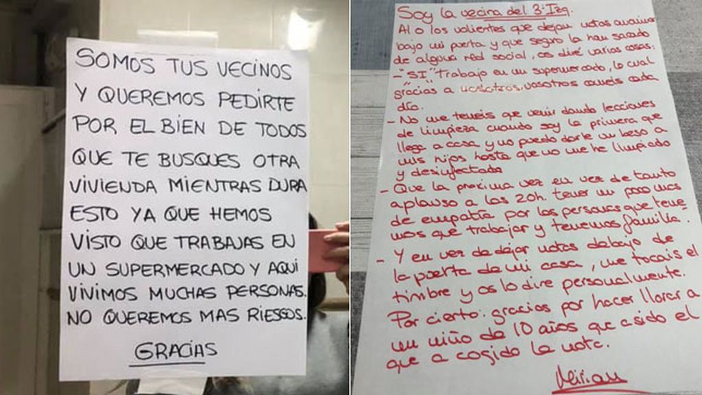 Una empleada de supermercado recibe una nota de un vecino para que se vaya del edificio