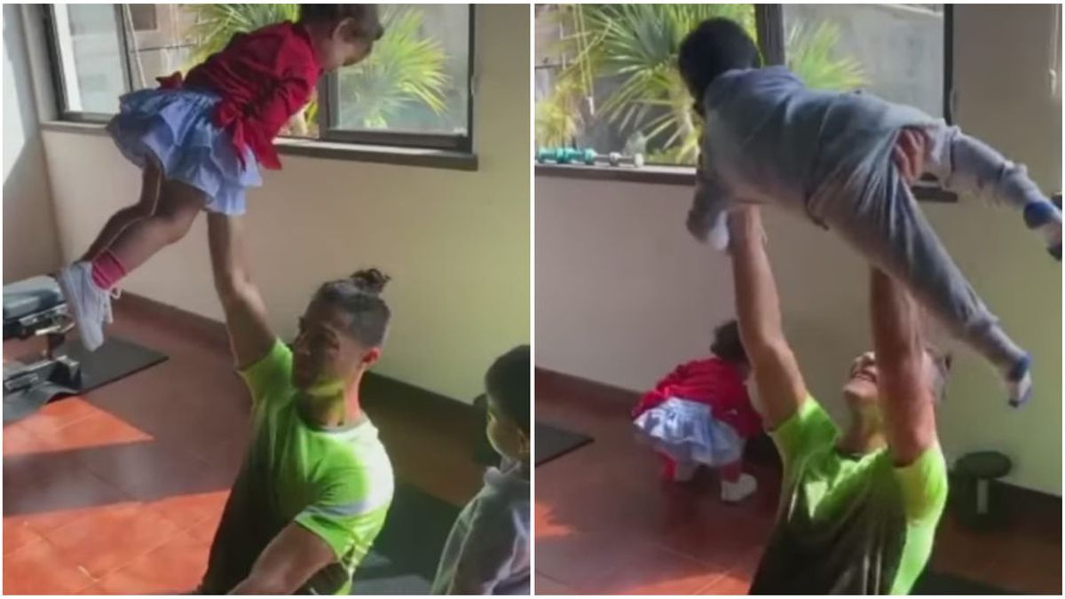 Cristiano hace su entrenamiento más familiar en el gimnasio: Alana y Mateo se divierten haciendo de pesas Cristiano hace su entrenamiento más familiar en el gimnasio: Alana y Mateo se divierten haciendo de pesas