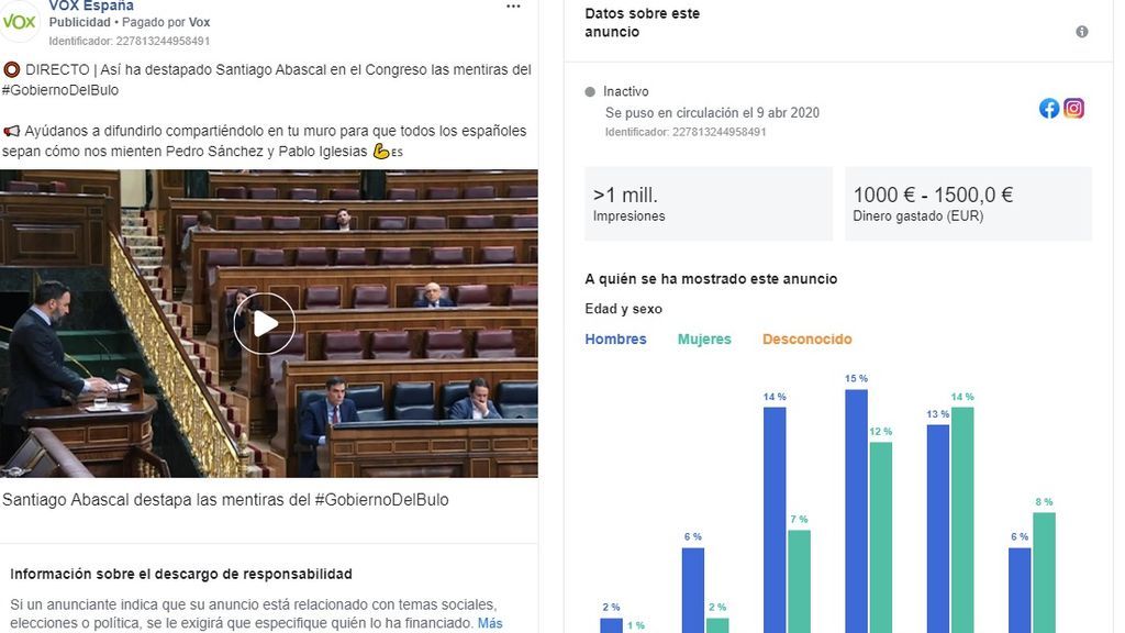 Vox critica la censura de Facebook mientras paga para viralizar allí su discurso contra Sánchez Vox critica la censura de Facebook mientras paga para viralizar allí su discurso contra Sánchez