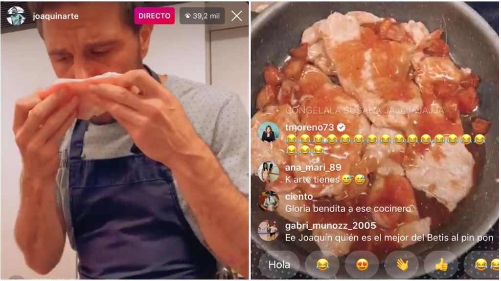 Joaquín bromea oliendo el lomo y el resultado del plato final.