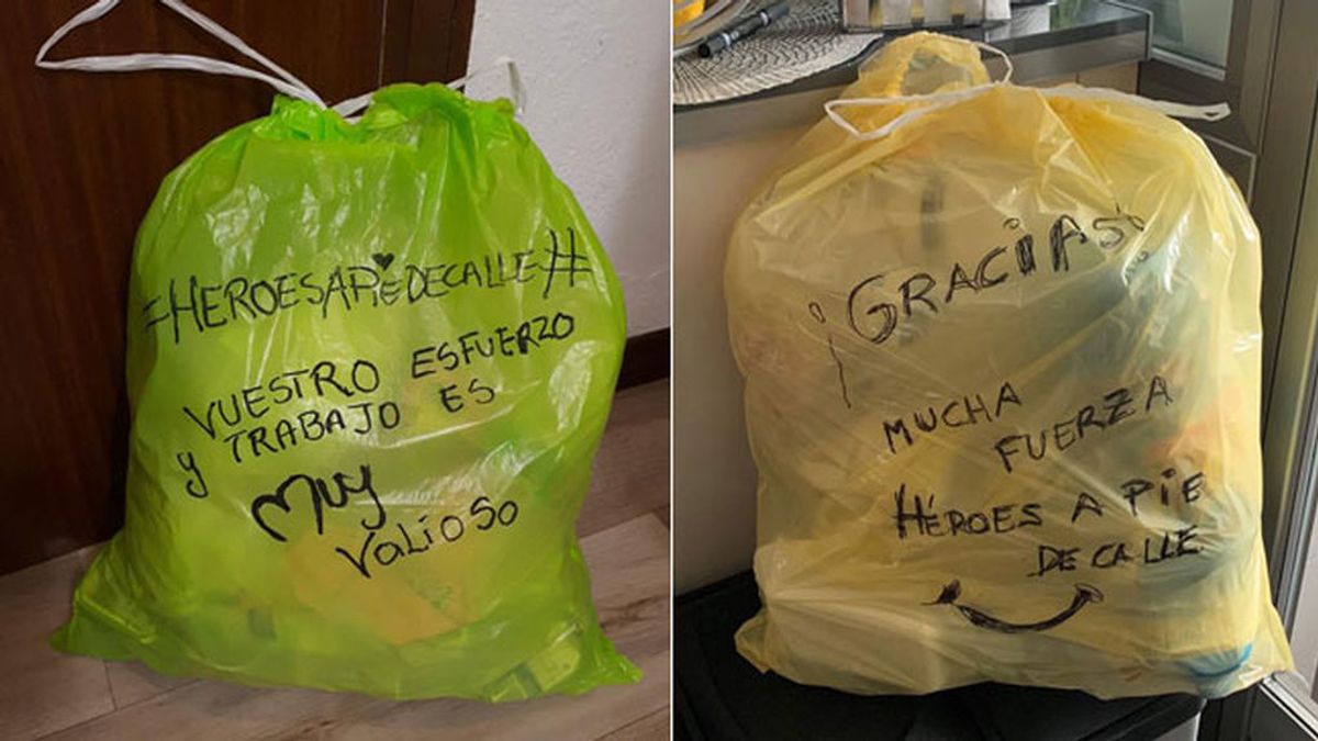 Mensajes en bolsas de basura para agradecer su labor durante el coronavirus