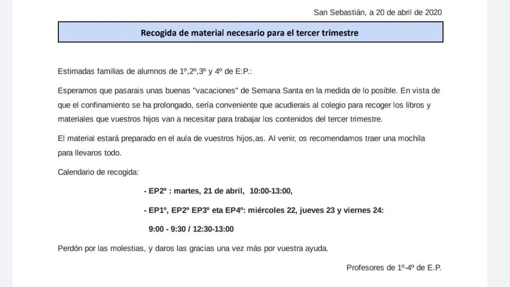 Circular que manda el colegio a los padres.