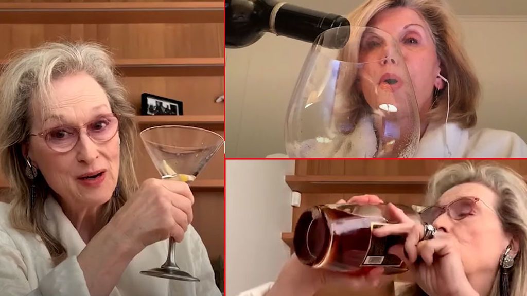 Meryl Streep y Christine Baranski, bebiendo en concierto streaming por videollamada Meryl Streep y Christine Baranski, bebiendo en concierto streaming por videollamada