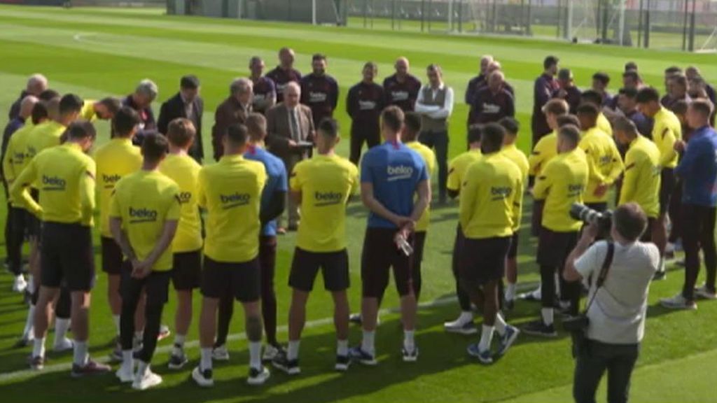 Los jugadores del Barcelona en un entrenamiento antes del coronavirus.