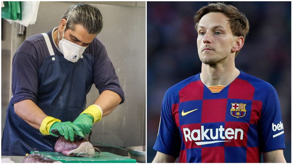 La imagen de un pescadero y la de Iván Rakitic en un partido. La imagen de un pescadero y la de Iván Rakitic en un partido.