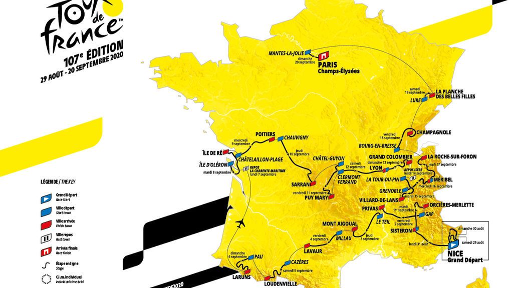 mapa del recorrido total del Tour de Francia 2020