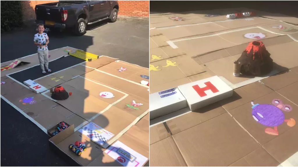 Un padre recrea un circuito de Mario Kart para jugar con su hijo durante el confinamiento Un padre recrea un circuito de Mario Kart para jugar con su hijo durante el confinamiento
