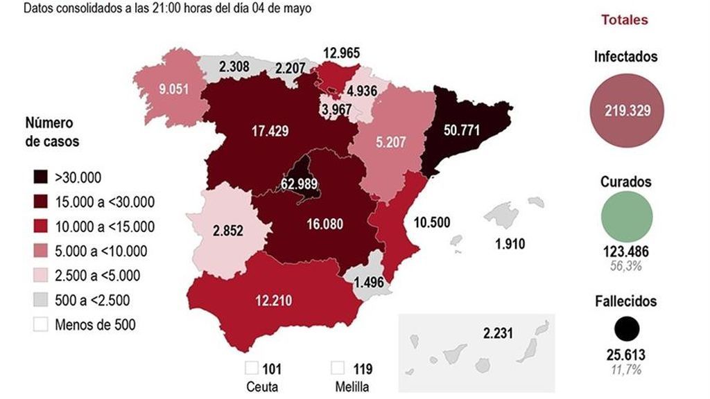 El mapa del coronavirus en España este martes