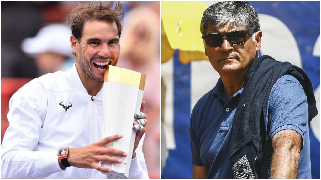 Rafa Nadal levantando un título y Toni Nadal, en un torneo.