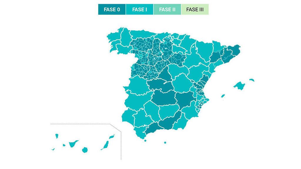 Estos son los territorios de España que pasan a la fase 1 de la desescalada el lunes 11 de mayo Estos son los territorios de España que pasan a la fase 1 de la desescalada el lunes 11 de mayo