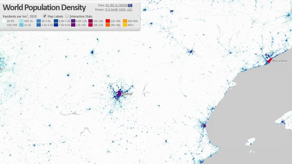 Densidad de población en Madrid y Barcelona