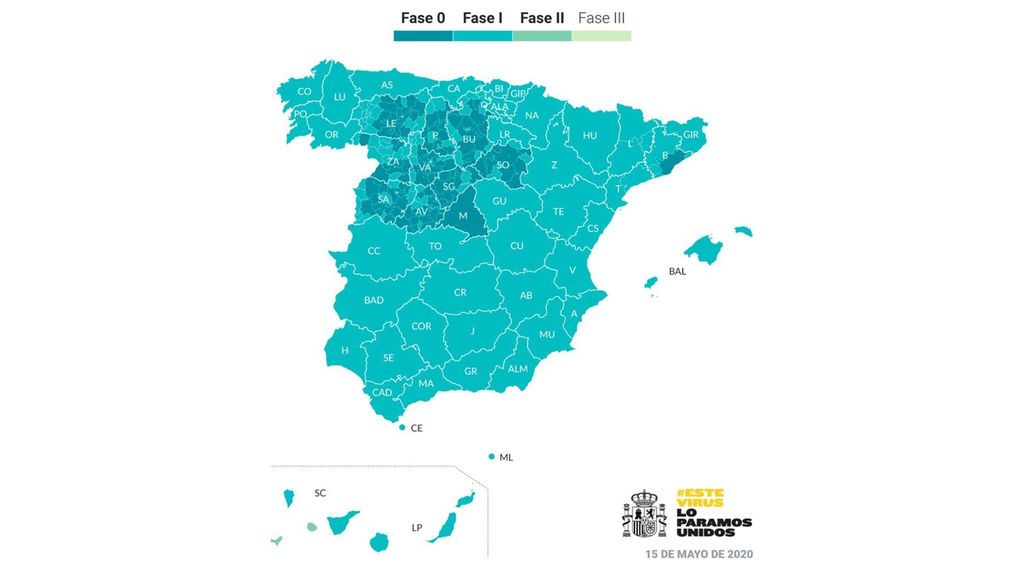 Nuevo mapa de la desescalada: un 70%  de España está en fase  1 y Madrid, con Barcelona, quedan en fase 0