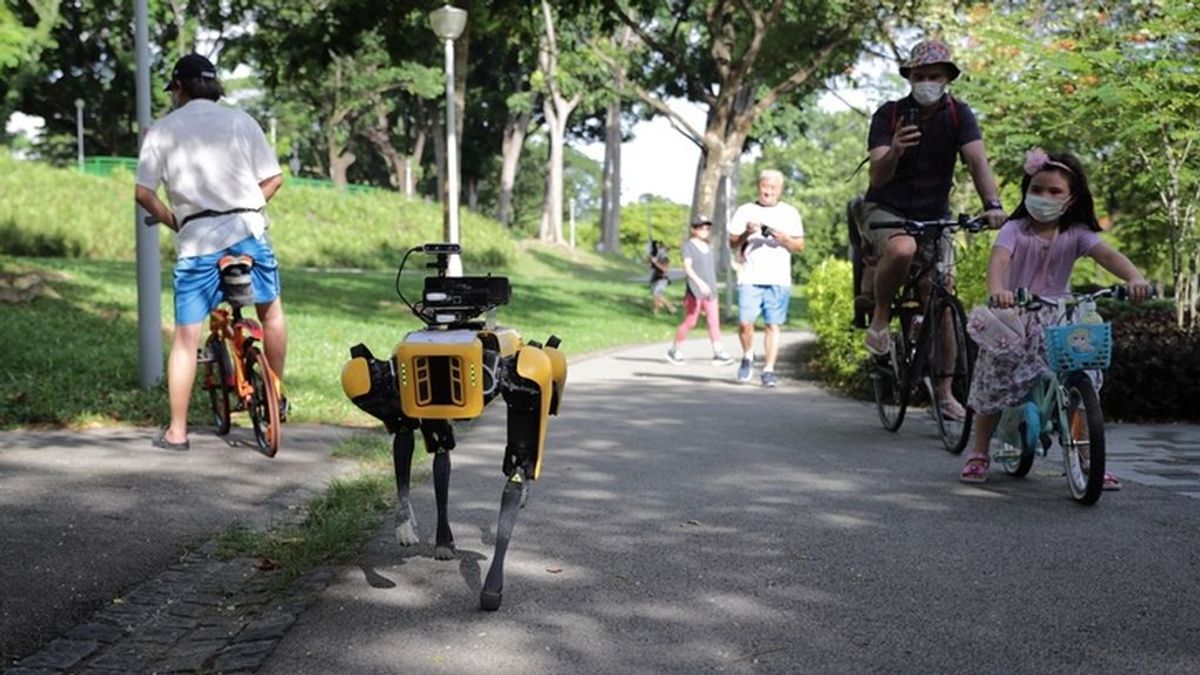 Un perro robot recuerda a la gente mantener la distancia de seguridad por las calles de Singapur