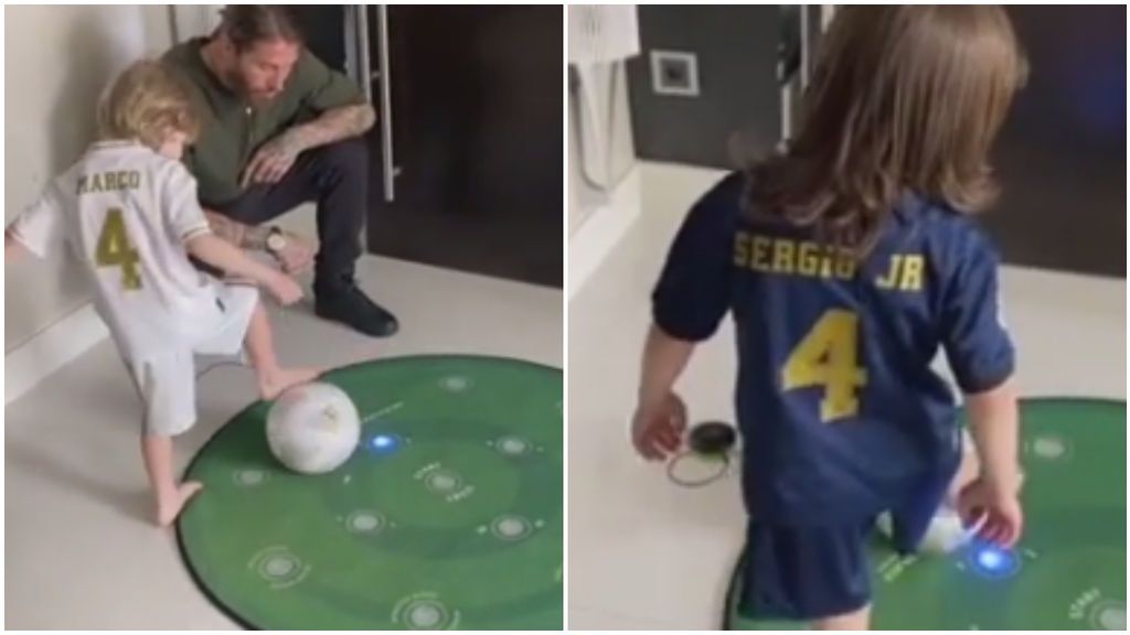 Sergio Ramos y sus hijos 'entrenando' en casa.